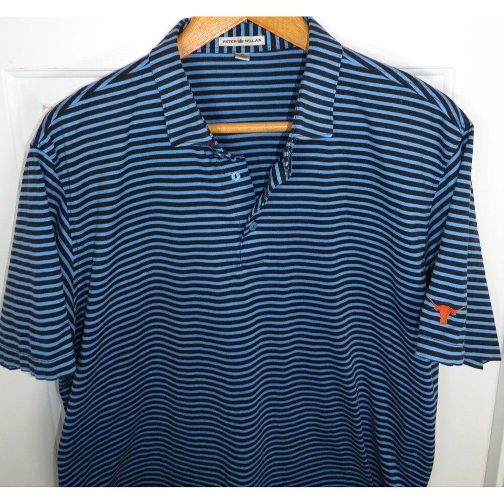 Peter Millar Crown Polo Shirt Blue/Black Striped Texas Longhorns Logo Size XL